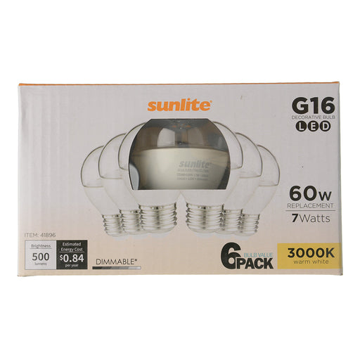 Sunlite G16/LED/7W/CL/30K/6PK 7W LED G16 Globe Light Bulb Medium E26 Base 3000K Clear 120V Dimmable 6 Pack (41896-SU)