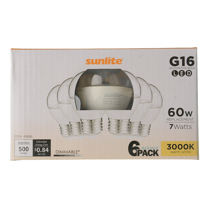 Sunlite G16/LED/7W/CL/30K/6PK 7W LED G16 Globe Light Bulb Medium E26 Base 3000K Clear 120V Dimmable 6 Pack (41896-SU)