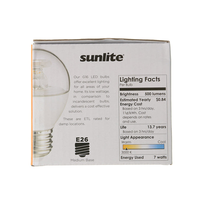 Sunlite G16/LED/7W/CL/30K/6PK 7W LED G16 Globe Light Bulb Medium E26 Base 3000K Clear 120V Dimmable 6 Pack (41896-SU)