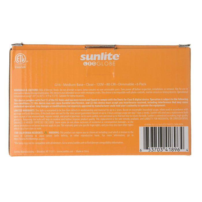 Sunlite G16/LED/7W/CL/30K/6PK 7W LED G16 Globe Light Bulb Medium E26 Base 3000K Clear 120V Dimmable 6 Pack (41896-SU)