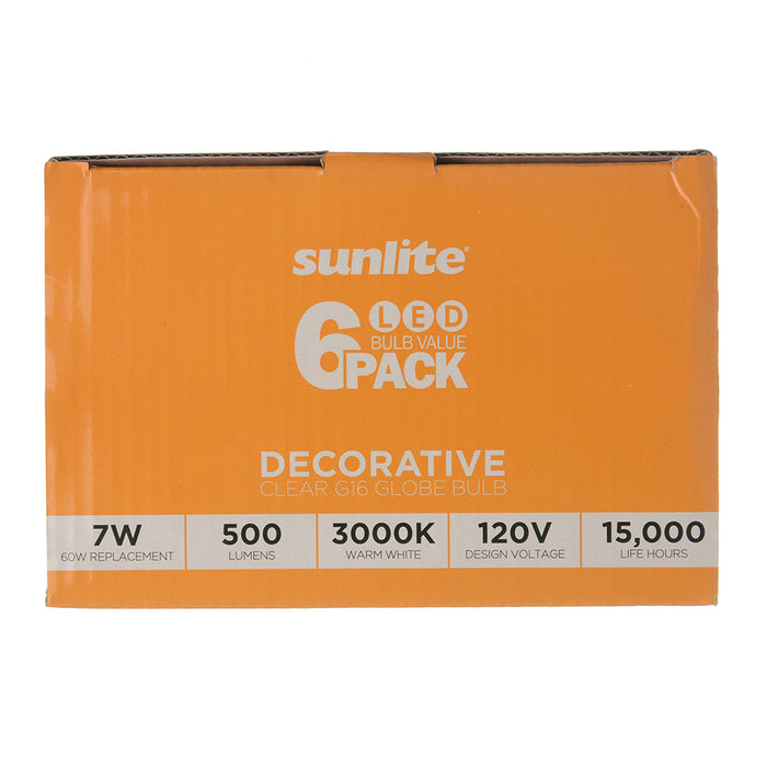 Sunlite G16/LED/7W/CL/30K/6PK 7W LED G16 Globe Light Bulb Medium E26 Base 3000K Clear 120V Dimmable 6 Pack (41896-SU)