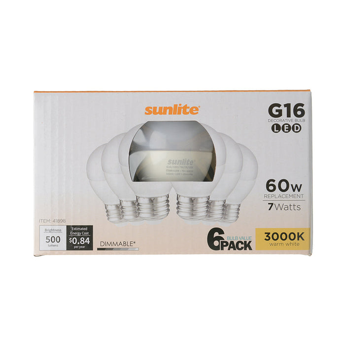 Sunlite G16/LED/7W/FR/30K/6PK 7W LED G16 Globe Light Bulb Medium E26 Base 3000K Frosted 120V Dimmable 6 Pack (41898-SU)