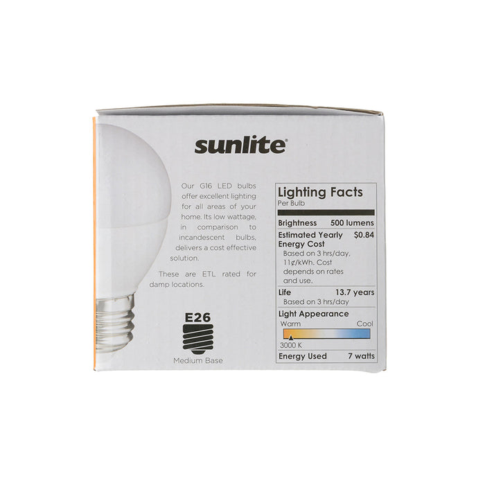 Sunlite G16/LED/7W/FR/30K/6PK 7W LED G16 Globe Light Bulb Medium E26 Base 3000K Frosted 120V Dimmable 6 Pack (41898-SU)