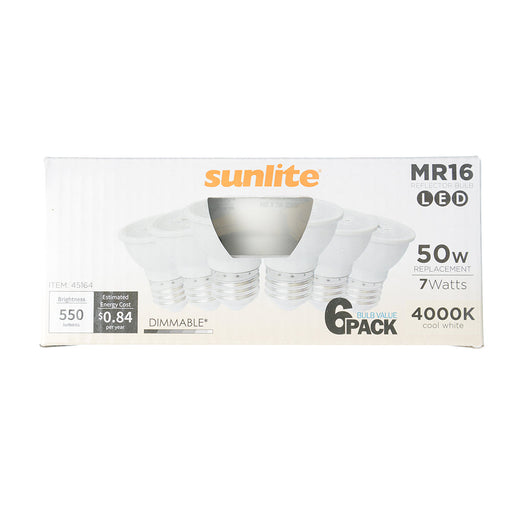 Sunlite MR16/LED/7W/MED/40K/6PK 7W LED MR16 Bulb 4000K Cool White 550Lm 120V 80 CRI Dimmable E26 Base 6-Pack (45164-SU)