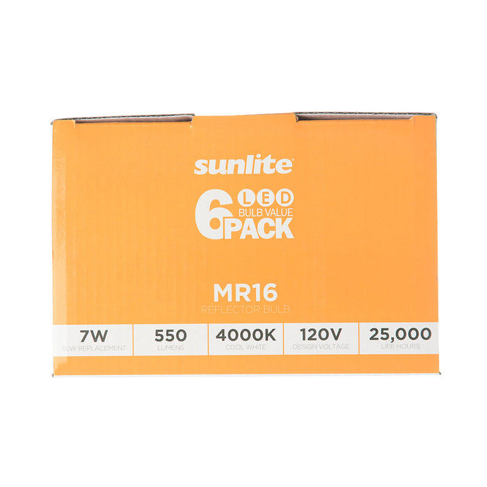 Sunlite MR16/LED/7W/MED/40K/6PK 7W LED MR16 Bulb 4000K Cool White 550Lm 120V 80 CRI Dimmable E26 Base 6-Pack (45164-SU)