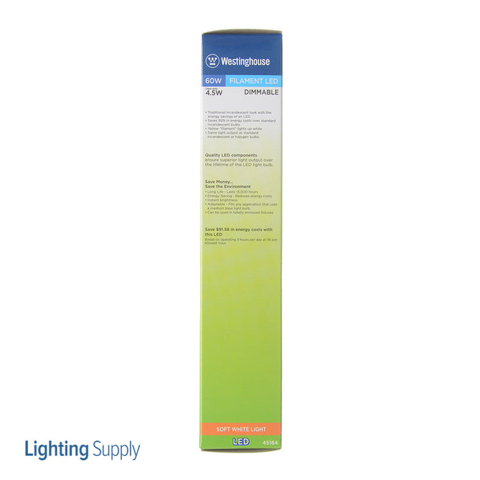 Westinghouse 4.5T9/Filamentled/Dim/Cl/27 4.5W T9 Dimmable Filament LED Light Bulb 2700K Clear Medium E26 Base 120V (4518400)