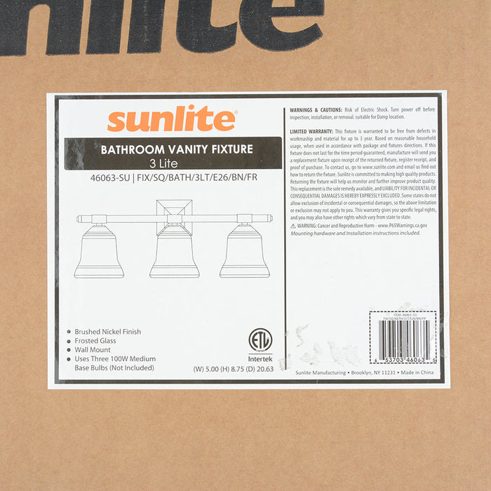 Sunlite FIX/Square/Bath/3 Light/E26 Base /Brushed Nickel/Frosted Bathroom Vanity Fixture (46063-SU)