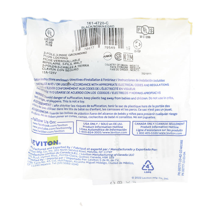 Leviton 15 Amp 125V NEMA L5-15P 2P 3W Locking Plug Industrial Grade Grounding Black-White (4720-C)