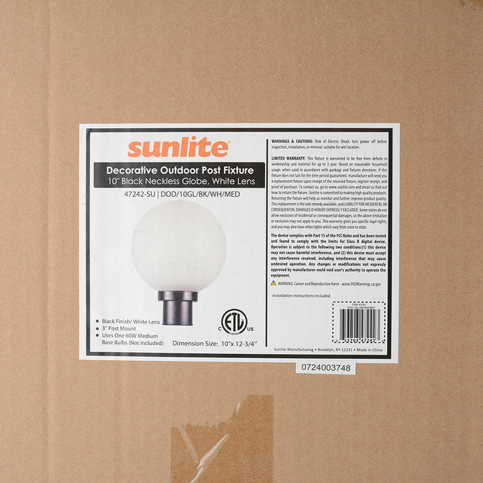 Sunlite DOD/10GL/BK/WH/MED 10 Inch Decorative Outdoor Twist Lock Globe Polycarbonate Post Fixture Black Finish White Lens 3 Inch Post Mount (Not Included) 120V Non-Dimmable (47242-SU)