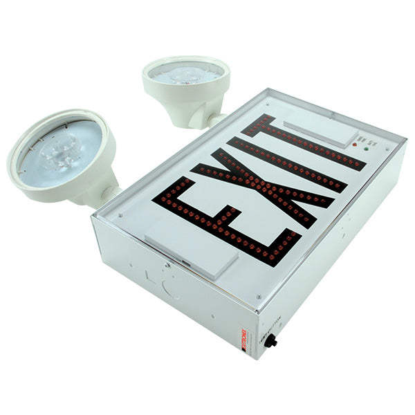 Exitronix Steel Direct View LED Exit Sign Single Face Red LED&#039;s Lead Acid Calcium White Enclosure White Face/Red Letters Self-Diagnostics Mounting Canopy (2) 2.9W LED PAR16 Plastic Lamp Heads (502E-WB-WH-C6-G1-REN3)