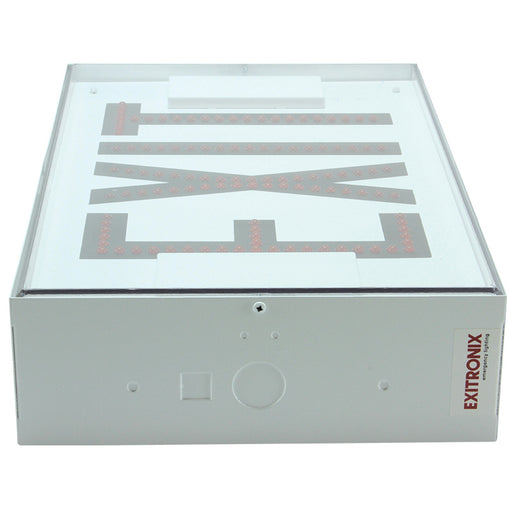 Exitronix Steel Direct View LED Exit Sign Single Face Red LED&#039;s 2 Circuit Input 120/120V White Enclosure White Face/Red Letters Downlight Tamper Resistant Hardware (502E-2CI1-WH-C6-DL-DR-TRH)