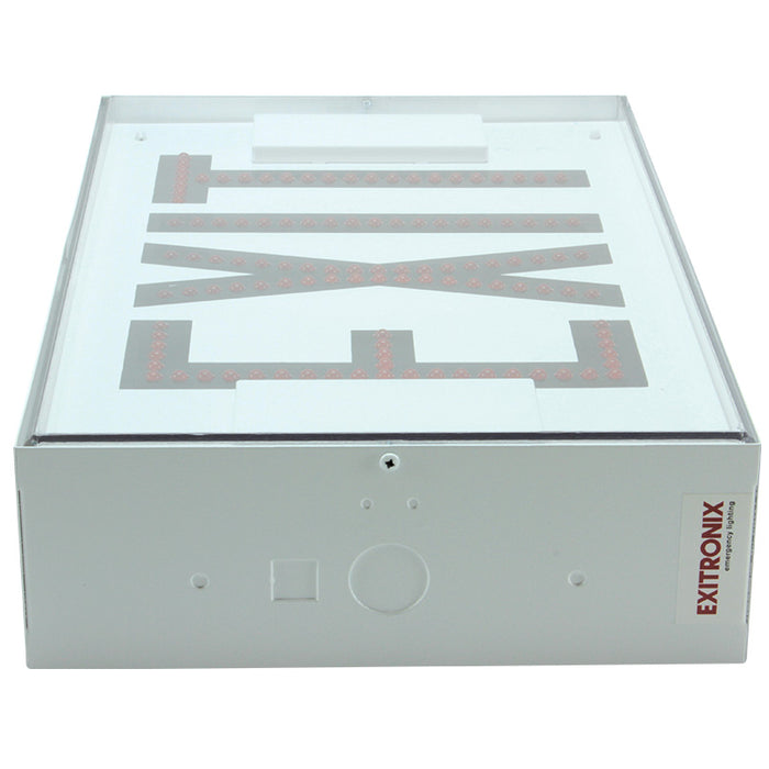 Exitronix Steel Direct View LED Exit Sign Single Face Red LED&#039;s 2 Circuit Input 120/120V White Enclosure White Face/Red Letters (502E-2CI1-WH-C6)