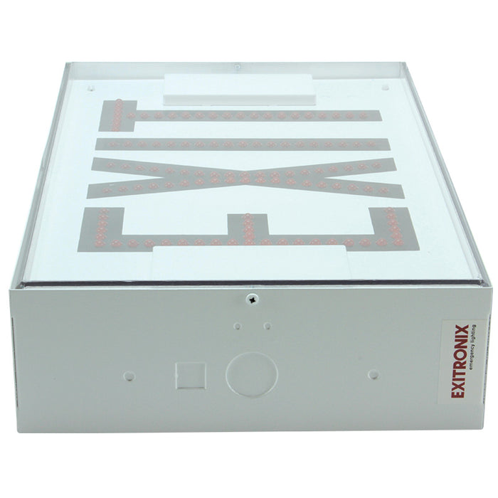 Exitronix Steel Direct View LED Exit Sign Single Face Red LED&#039;s 2 Circuit Input 120/277V White Enclosure White Face/Red Letters Downlight Tamper Resistant Hardware (502E-2CI17-WH-C6-DL-DR-TRH)