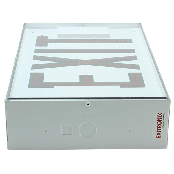 Exitronix Steel Direct View LED Exit Sign Single Face Red LED&#039;s NiMH Battery White Enclosure White Face/Red Letters Self-Diagnostics (502E-WB-WH-C6-G1)