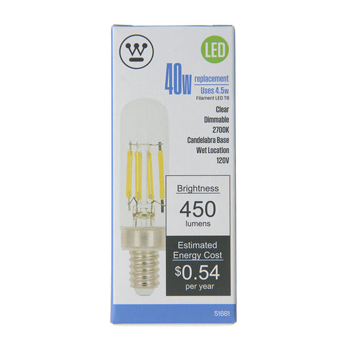 Westinghouse 4.5T6/Filamentled/Dim/Cl/Cb/27 4.5W T6 Filament LED Dimmable Clear 2700K Candelabra E12 Base 120V (5168100)