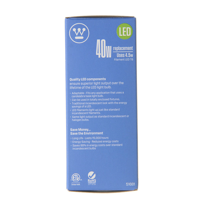 Westinghouse 4.5T6/Filamentled/Dim/Cl/Cb/27 4.5W T6 Filament LED Dimmable Clear 2700K Candelabra E12 Base 120V (5168100)
