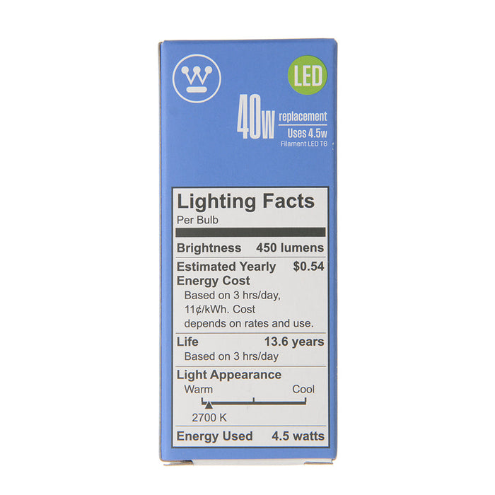 Westinghouse 4.5T6/Filamentled/Dim/Cl/Cb/27 4.5W T6 Filament LED Dimmable Clear 2700K Candelabra E12 Base 120V (5168100)