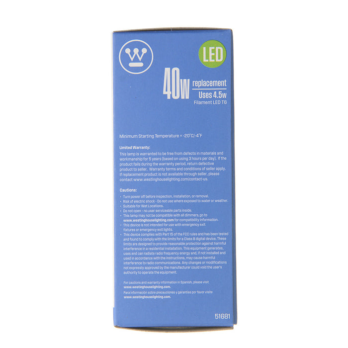 Westinghouse 4.5T6/Filamentled/Dim/Cl/Cb/27 4.5W T6 Filament LED Dimmable Clear 2700K Candelabra E12 Base 120V (5168100)