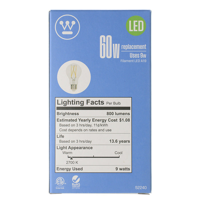 Westinghouse 9W A19 Filament LED Dimmable Clear 2700K E26 Medium Base 120V (5224000)