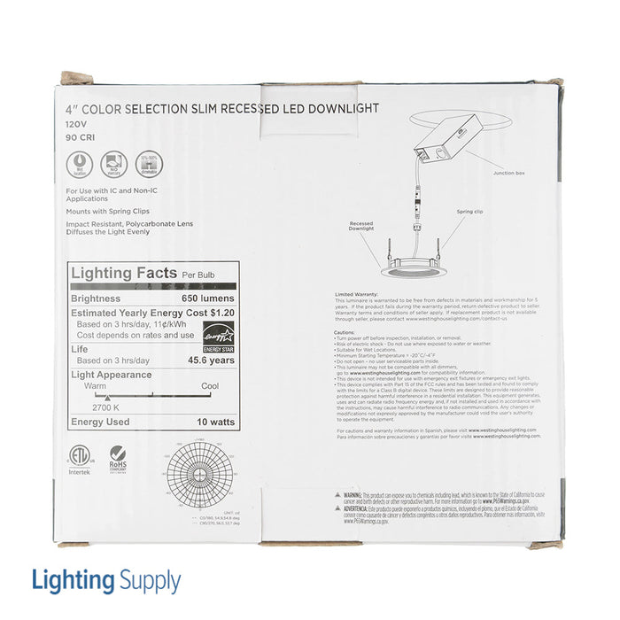 Westinghouse 10W Stepped Baffle Slim Recessed LED Downlight Color Temperature Selection 4 Inch Dimmable 2700K 3000K 3500K/4000K/5000K 120V (5226000)