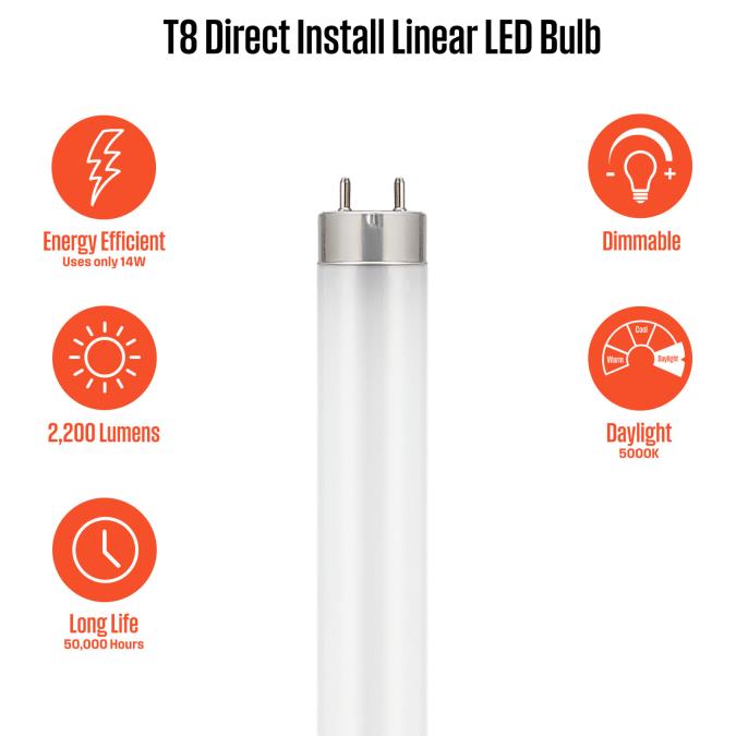Westinghouse 4 Foot 14W LED T8 Dimmable Direct Install Tube G13 Base 5000K 82 CRI 2200Lm Frost (5233100)