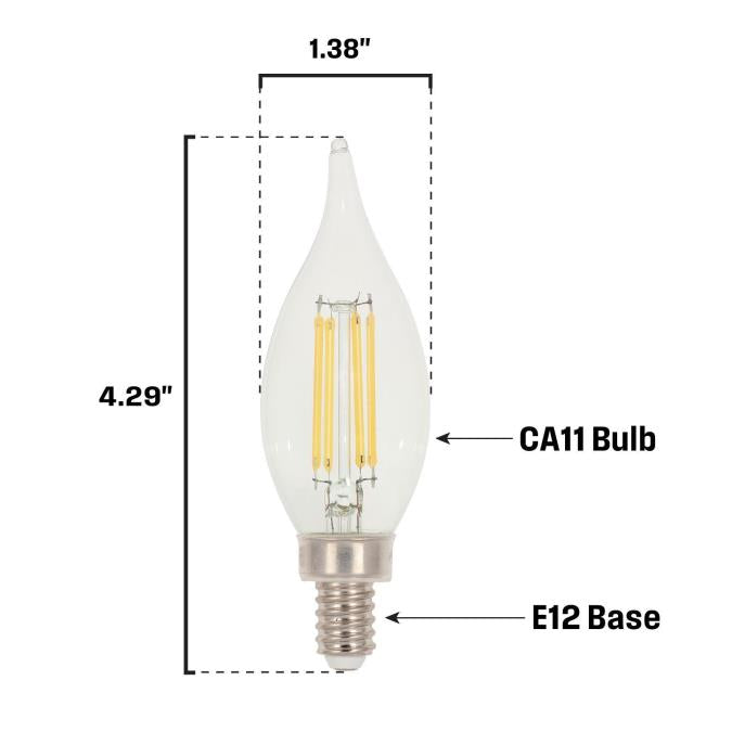 Westinghouse 4.5CA11/FilamentLED/DIM/CL/CB/30 4.5W LED CA11 Dimmable Filament Bulb Candelabra E12 Base 500Lm 3000K 80 CRI 120V Dimmable (5266100)