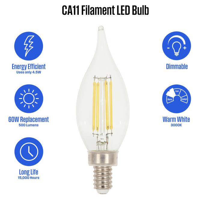 Westinghouse 4.5CA11/FilamentLED/DIM/CL/CB/30 4.5W LED CA11 Dimmable Filament Bulb Candelabra E12 Base 500Lm 3000K 80 CRI 120V Dimmable (5266100)