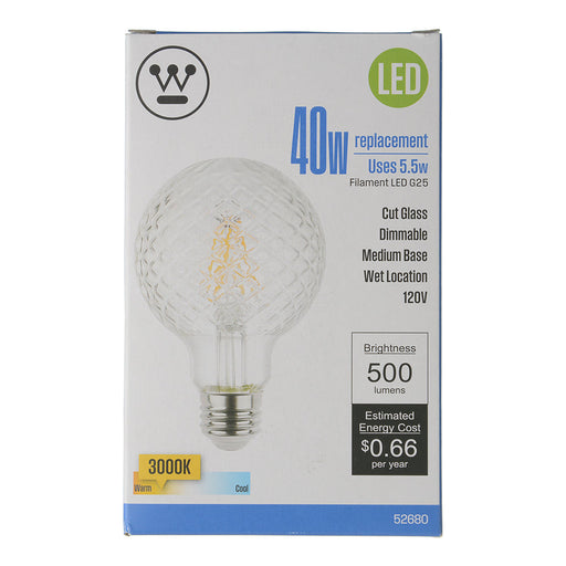 Westinghouse 5.5G25/Filamentled/Dim/Cl/Cg/30 5.5W G25 Cut Glass Filament LED Dimmable Clear 3000K Medium E26 Base 120V (5268000)