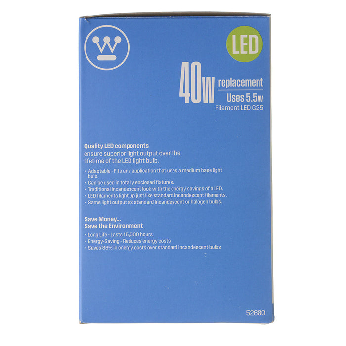 Westinghouse 5.5G25/Filamentled/Dim/Cl/Cg/30 5.5W G25 Cut Glass Filament LED Dimmable Clear 3000K Medium E26 Base 120V (5268000)