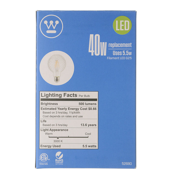 Westinghouse 5.5G25/Filamentled/Dim/Cl/Cg/30 5.5W G25 Cut Glass Filament LED Dimmable Clear 3000K Medium E26 Base 120V (5268000)