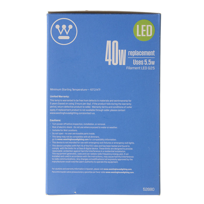 Westinghouse 5.5G25/Filamentled/Dim/Cl/Cg/30 5.5W G25 Cut Glass Filament LED Dimmable Clear 3000K Medium E26 Base 120V (5268000)
