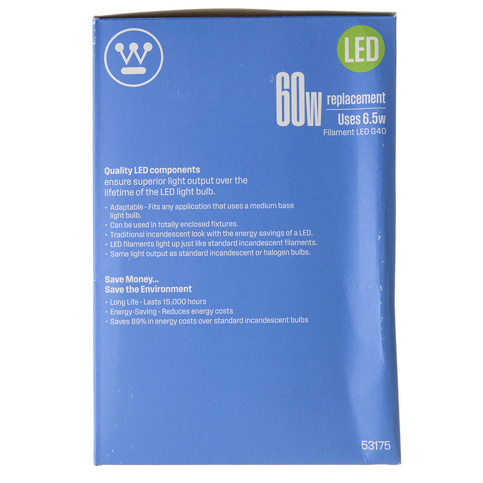 Westinghouse 6.5W 120V G40 Filament LED Dimmable Clear 80 CRI 810Lm 2700K (5317500)