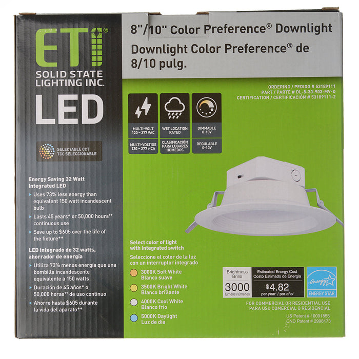 ETI DL-8-30-903-MV-D 8-10 Inch 4 CCT Color Preference Commercial Downlight 3000Lm 3000-5000K 120-277V 90 CRI 0-10V Dimming (53189111)