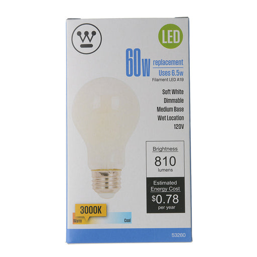 Westinghouse 6.5A19/Filamentled/Dim/Sw/30 6.5W A19 Filament LED Dimmable Soft White 3000K Medium E26 Base 120V (5326000)
