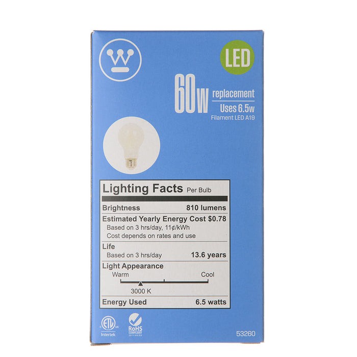 Westinghouse 6.5A19/Filamentled/Dim/Sw/30 6.5W A19 Filament LED Dimmable Soft White 3000K Medium E26 Base 120V (5326000)