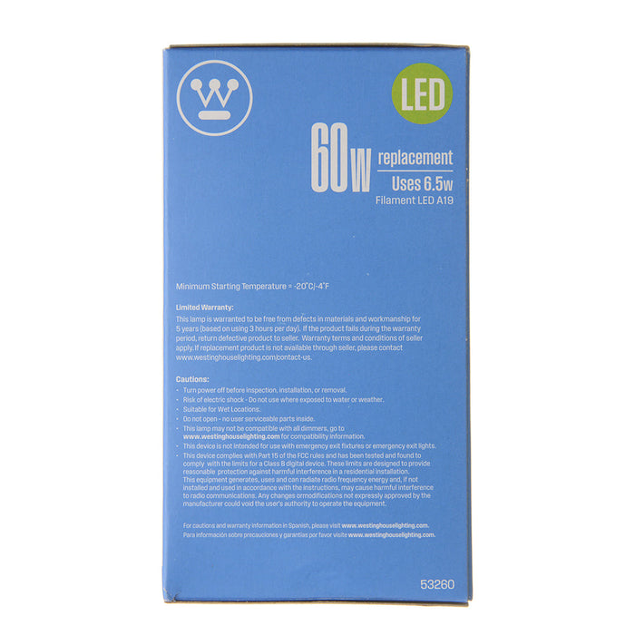 Westinghouse 6.5A19/Filamentled/Dim/Sw/30 6.5W A19 Filament LED Dimmable Soft White 3000K Medium E26 Base 120V (5326000)