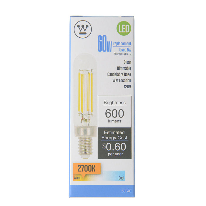 Westinghouse 5T6/FilamentLED/DIM/CL/CB/27 5W T6 Filament LED Dimmable Clear 2700K 600Lm E12 Candelabra Base 120V (5334000)