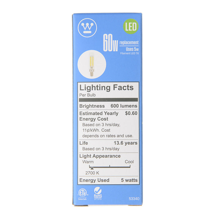 Westinghouse 5T6/FilamentLED/DIM/CL/CB/27 5W T6 Filament LED Dimmable Clear 2700K 600Lm E12 Candelabra Base 120V (5334000)