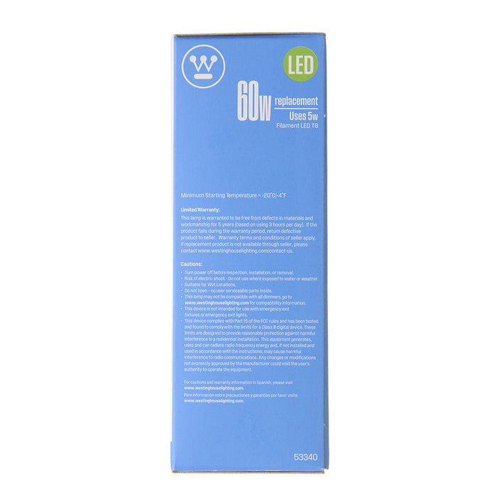 Westinghouse 5T6/FilamentLED/DIM/CL/CB/27 5W T6 Filament LED Dimmable Clear 2700K 600Lm E12 Candelabra Base 120V (5334000)