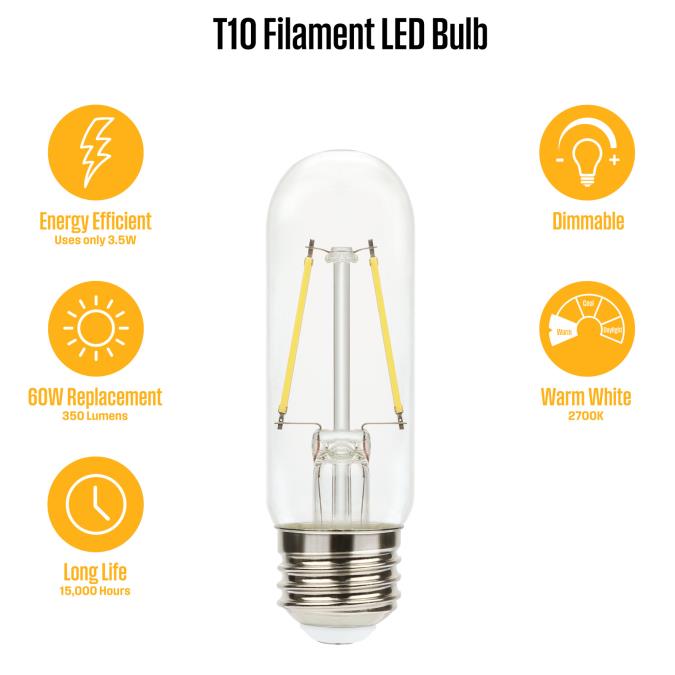 Westinghouse 3.5T10/FilamentLED/DIM/CL/27 3.5W LED T10 Filament Bulb Medium E26 Base 350Lm 2700K 80 CRI 120V Dimmable (5339000)