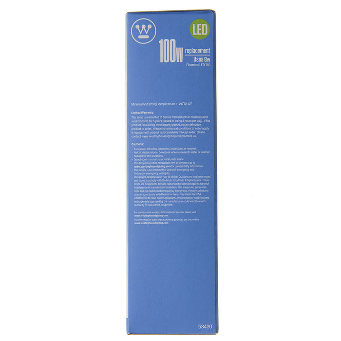 Westinghouse 8T10/FilamentLED/DIM/CL/27 8W T10 Filament LED Dimmable Clear 2700K 1000Lm E26 Medium Base 120V (5342000)