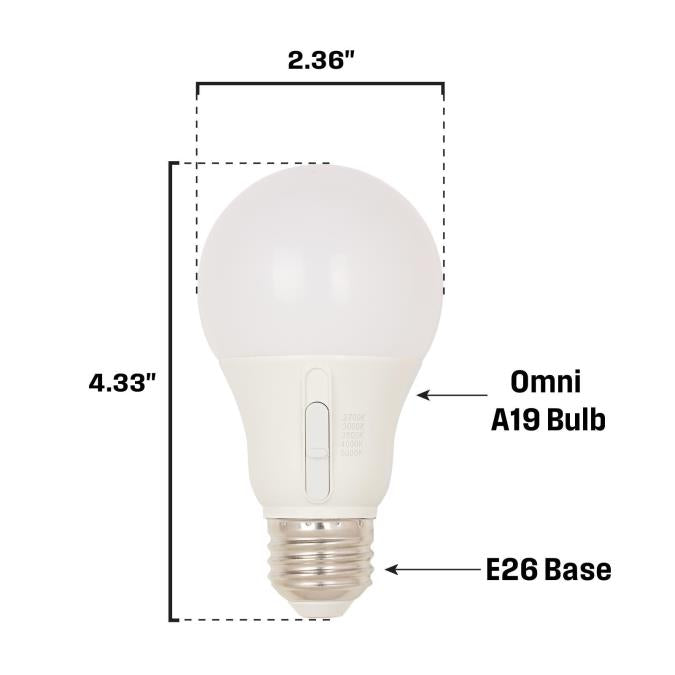 Westinghouse 5.5OMNIA19/LED/DIM/SW/27-50 5.5W Omni LED A19 Bulb Medium E26 Base CCT Selectable 2700K/3000K/3500K/4000K/5000K 80 CRI 120V Dimmable (5343000)