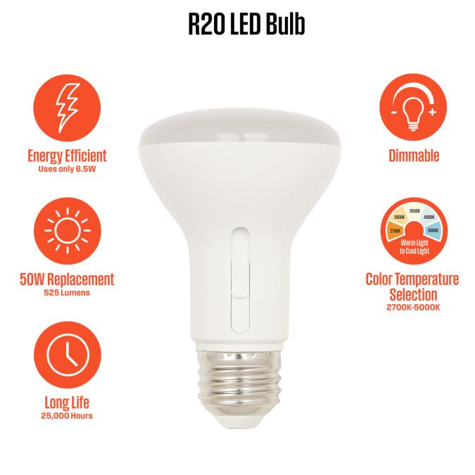 Westinghouse 6.5R20/LED/DIM/FL/27-50 6.5W R20 LED Flood Medium E26 Base CCT Selectable 2700K/3000K/3500K/4000K/5000K 120V 80 CRI Dimmable (5347000)