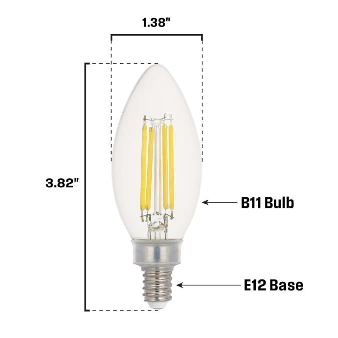 Westinghouse 5.5B11/FilamentLED/DIM/CL/CB/30 5.5W LED B11 Dimmable Filament Bulb Candelabra E12 Base 800Lm 3000K 120V 80 CRI Clear (5358000)