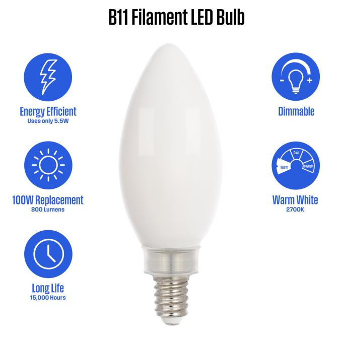 Westinghouse 5.5B11/FilamentLED/DIM/SW/CB/27 5.5W LED B11 Dimmable Filament Bulb Candelabra E12 Base 800Lm 2700K 120V 80 CRI (5359000)