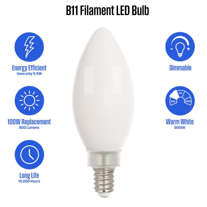 Westinghouse 5.5B11/FilamentLED/DIM/SW/CB/30 5.5W LED B11 Dimmable Filament Bulb Candelabra E12 Base 800Lm 3000K 120V 80 CRI (5360000)
