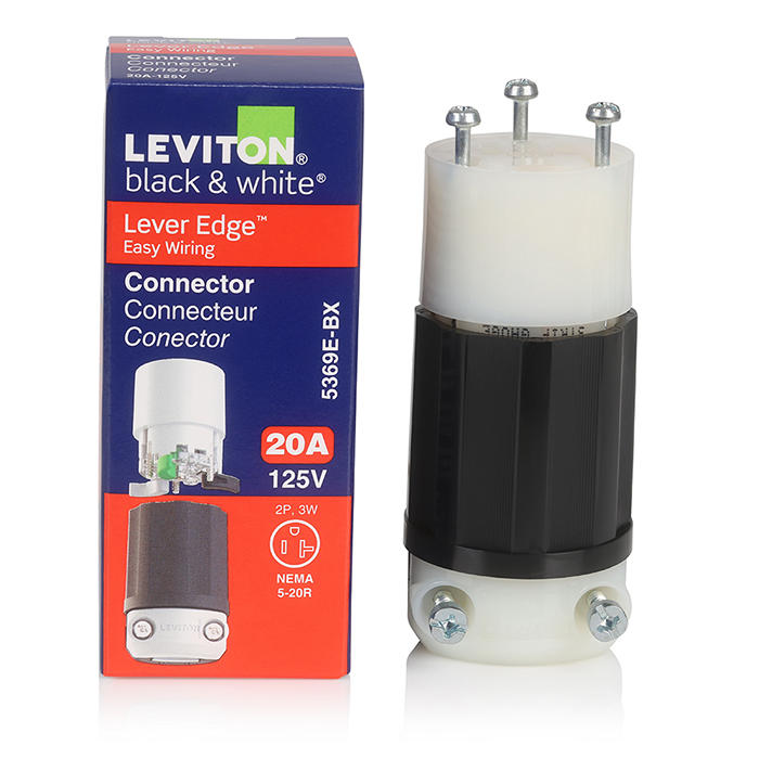 Leviton Black And White Lever Edge 20A 125V Straight Blade Connector 2-Pole 3-Wire NEMA 5-20R Grounding Industrial Grade (5369E)