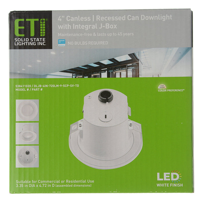 ETI DLJB-4IN-720LM-9-5CP-SV-TD 4 Inch Canless/ Recessed Can Downlight With Integral Junction Box 720Lm 12W CCT Selectable 2700K/300K/3500K/4000K/5000K 90 CRI 120-277V 0-10V Dimming (538411020)