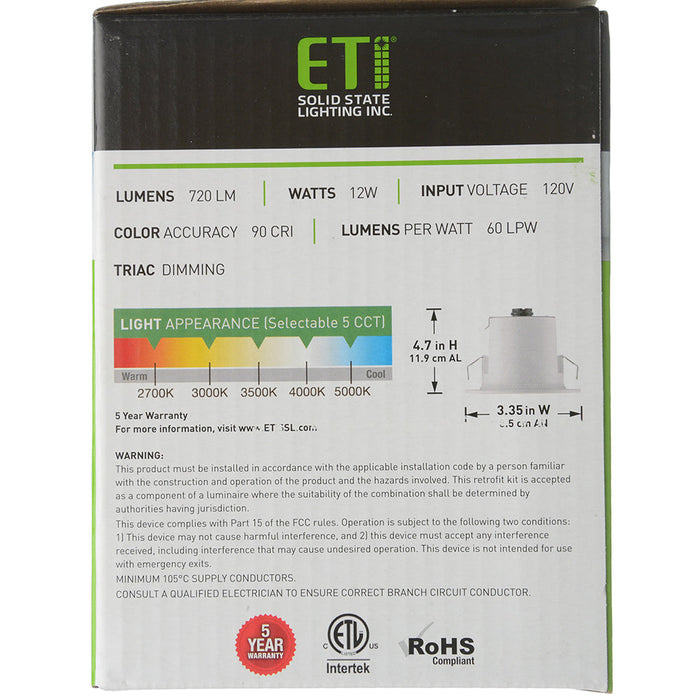 ETI DLJB-4IN-720LM-9-5CP-SV-TD 4 Inch Canless/ Recessed Can Downlight With Integral Junction Box 720Lm 12W CCT Selectable 2700K/300K/3500K/4000K/5000K 90 CRI 120-277V 0-10V Dimming (538411020)