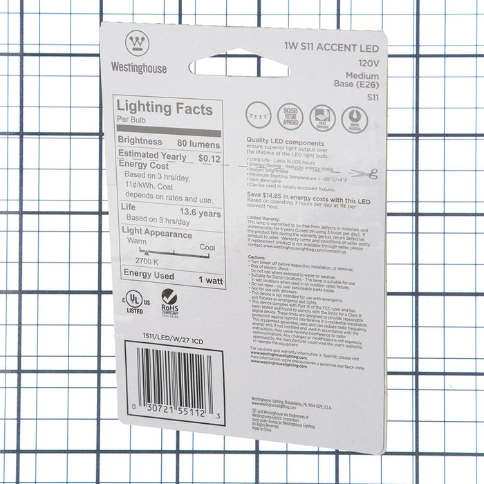 Westinghouse 1S11/Led/W/27 1Cd 1W S11 LED White 2700K Medium E26 Base 120V Card (5511200)